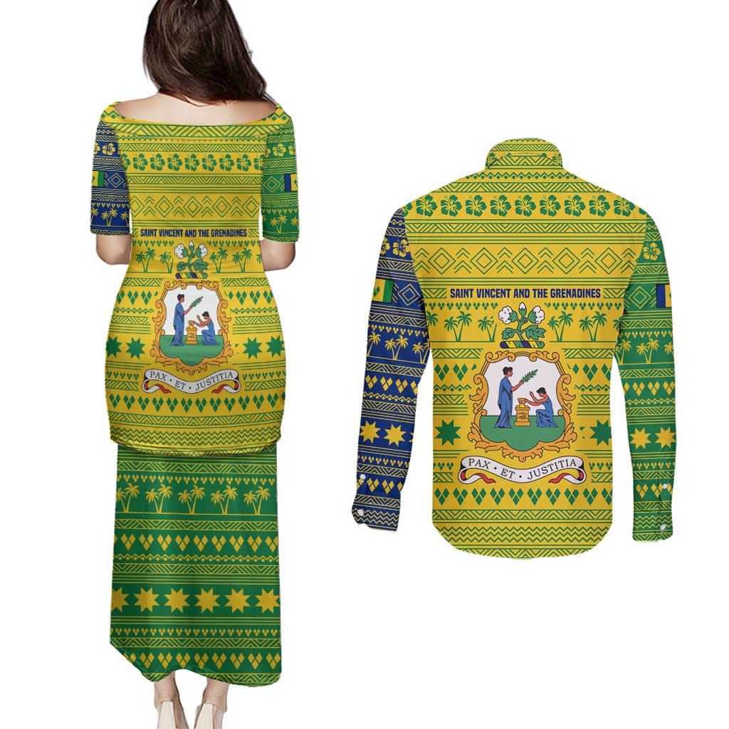 Saint Vincent and the Grenadines Christmas Couples Matching Puletasi and Long Sleeve Button Shirt with Gingerbread Boy Palm Tree and Traditional Pattern - Wonder Print Shop
