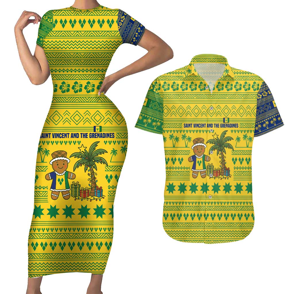 Saint Vincent and the Grenadines Christmas Couples Matching Short Sleeve Bodycon Dress and Hawaiian Shirt with Gingerbread Boy Palm Tree and Traditional Pattern - Wonder Print Shop