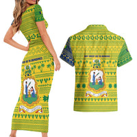Saint Vincent and the Grenadines Christmas Couples Matching Short Sleeve Bodycon Dress and Hawaiian Shirt with Gingerbread Boy Palm Tree and Traditional Pattern - Wonder Print Shop