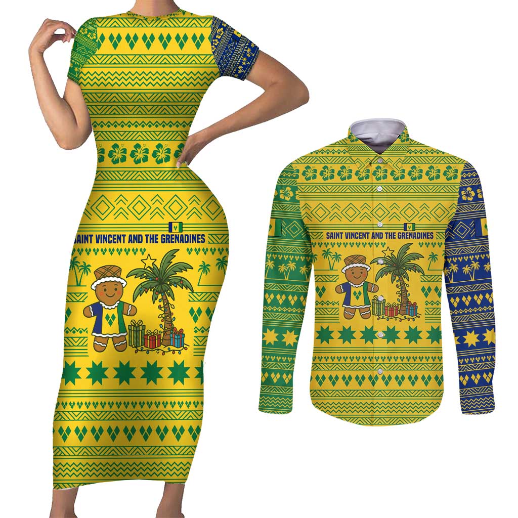Saint Vincent and the Grenadines Christmas Couples Matching Short Sleeve Bodycon Dress and Long Sleeve Button Shirt with Gingerbread Boy Palm Tree and Traditional Pattern - Wonder Print Shop