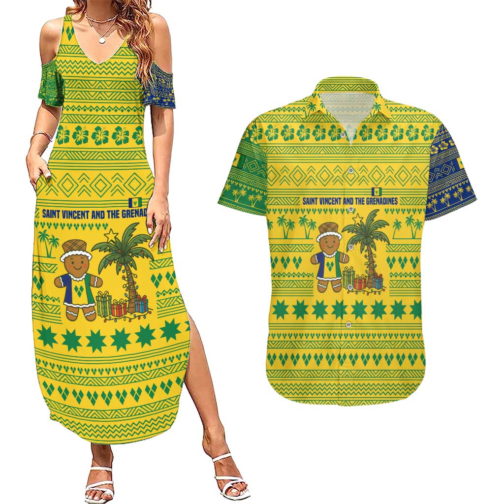 Saint Vincent and the Grenadines Christmas Couples Matching Summer Maxi Dress and Hawaiian Shirt with Gingerbread Boy Palm Tree and Traditional Pattern - Wonder Print Shop