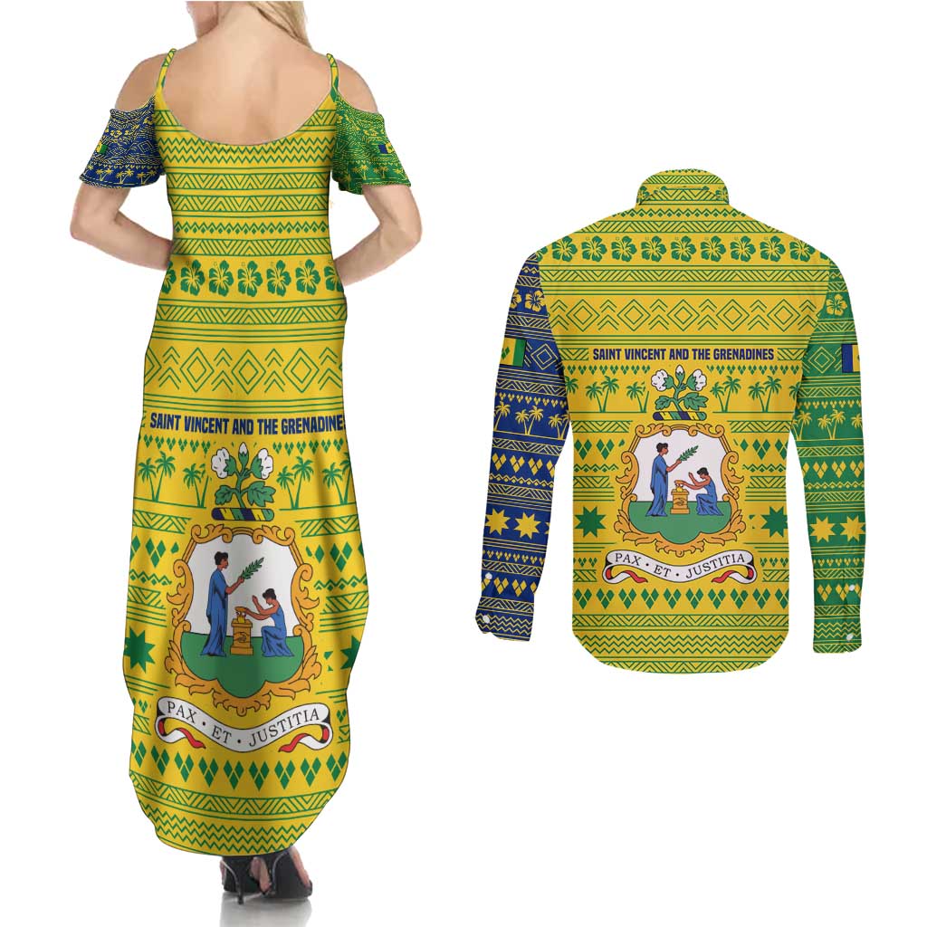 Saint Vincent and the Grenadines Christmas Couples Matching Summer Maxi Dress and Long Sleeve Button Shirt with Gingerbread Boy Palm Tree and Traditional Pattern - Wonder Print Shop