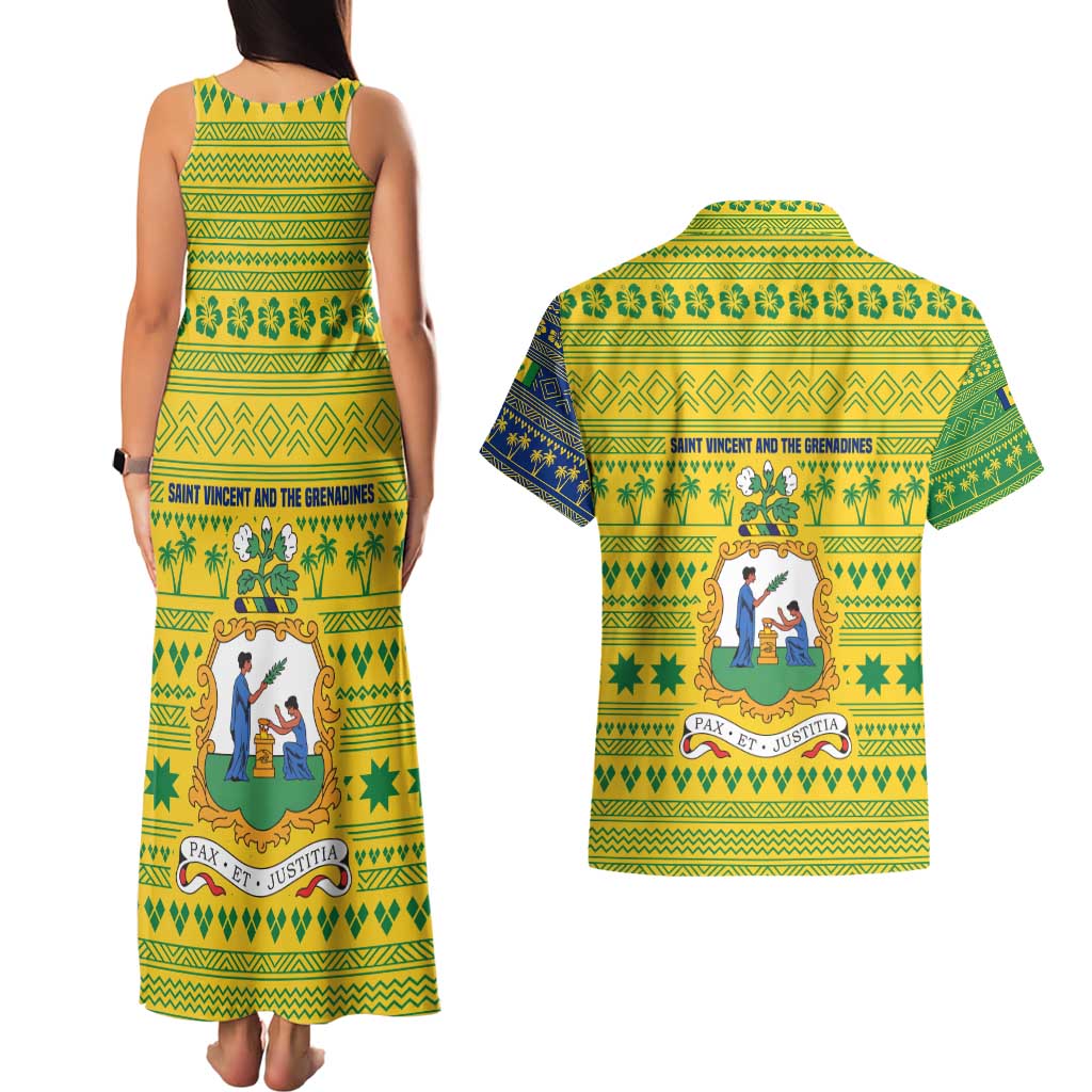 Saint Vincent and the Grenadines Christmas Couples Matching Tank Maxi Dress and Hawaiian Shirt with Gingerbread Boy Palm Tree and Traditional Pattern - Wonder Print Shop