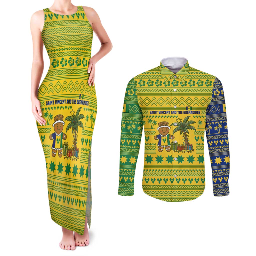 Saint Vincent and the Grenadines Christmas Couples Matching Tank Maxi Dress and Long Sleeve Button Shirt with Gingerbread Boy Palm Tree and Traditional Pattern - Wonder Print Shop