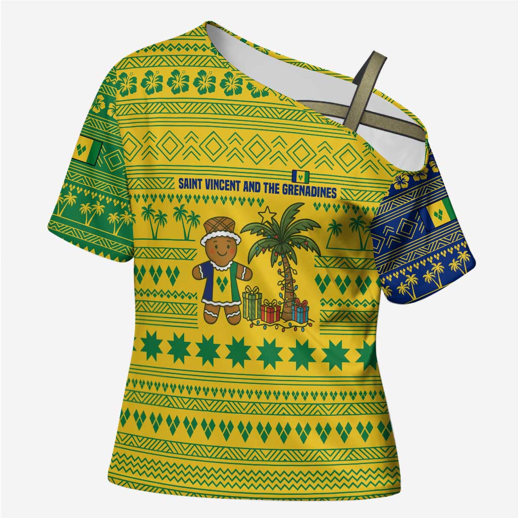 Saint Vincent and the Grenadines Christmas Cross Shoulder Shirt with Gingerbread Boy Palm Tree and Traditional Pattern - Wonder Print Shop