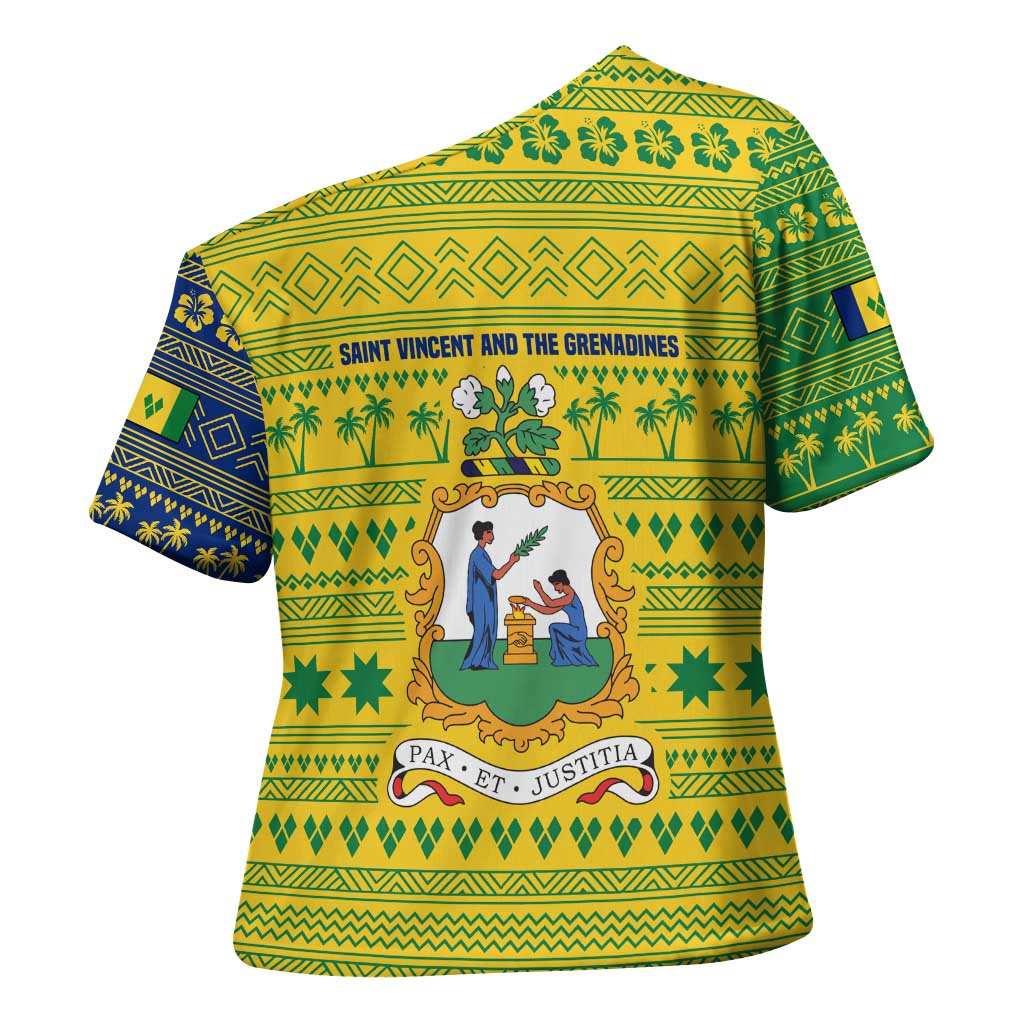 Saint Vincent and the Grenadines Christmas Cross Shoulder Shirt with Gingerbread Boy Palm Tree and Traditional Pattern - Wonder Print Shop