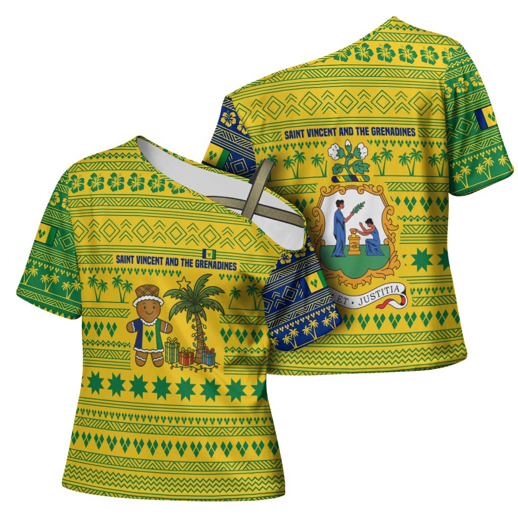 Saint Vincent and the Grenadines Christmas Cross Shoulder Shirt with Gingerbread Boy Palm Tree and Traditional Pattern - Wonder Print Shop
