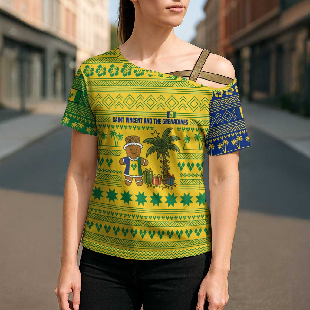 Saint Vincent and the Grenadines Christmas Cross Shoulder Shirt with Gingerbread Boy Palm Tree and Traditional Pattern - Wonder Print Shop