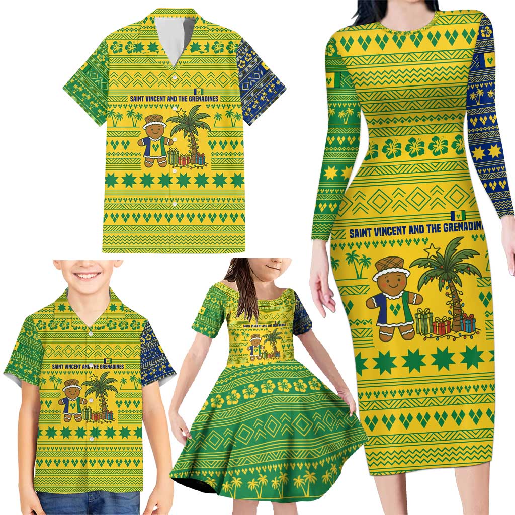 Saint Vincent and the Grenadines Christmas Family Matching Long Sleeve Bodycon Dress and Hawaiian Shirt with Gingerbread Boy Palm Tree and Traditional Pattern - Wonder Print Shop