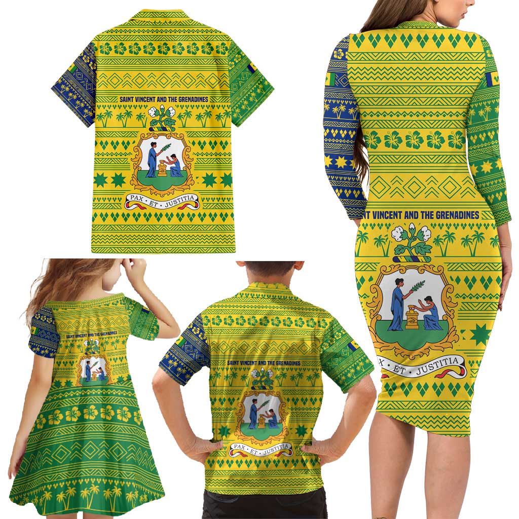 Saint Vincent and the Grenadines Christmas Family Matching Long Sleeve Bodycon Dress and Hawaiian Shirt with Gingerbread Boy Palm Tree and Traditional Pattern - Wonder Print Shop