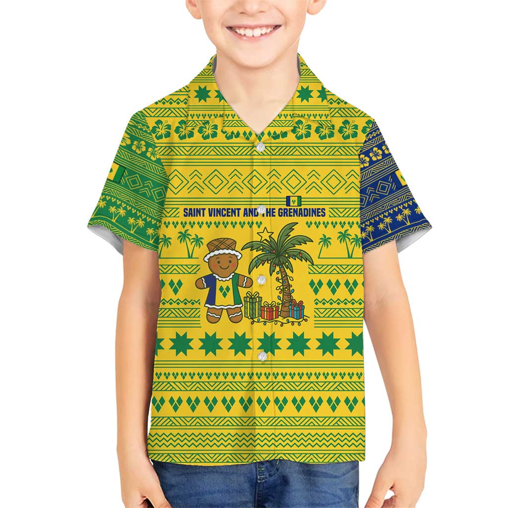Saint Vincent and the Grenadines Christmas Family Matching Long Sleeve Bodycon Dress and Hawaiian Shirt with Gingerbread Boy Palm Tree and Traditional Pattern - Wonder Print Shop
