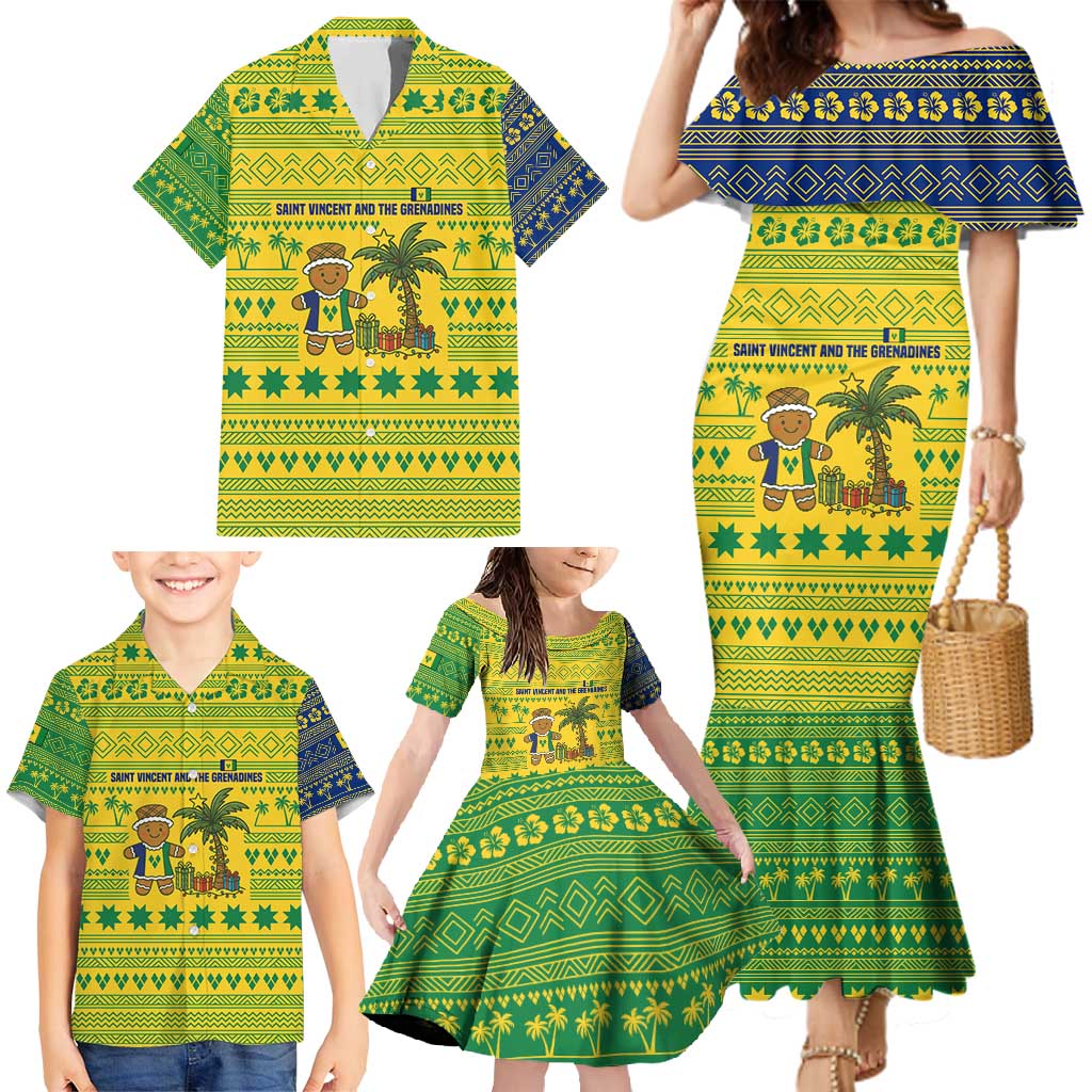 Saint Vincent and the Grenadines Christmas Family Matching Mermaid Dress and Hawaiian Shirt with Gingerbread Boy Palm Tree and Traditional Pattern - Wonder Print Shop