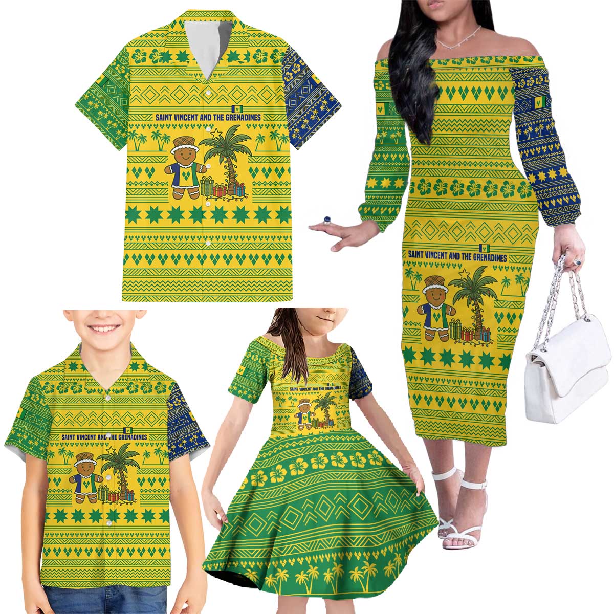 Saint Vincent and the Grenadines Christmas Family Matching Off The Shoulder Long Sleeve Dress and Hawaiian Shirt with Gingerbread Boy Palm Tree and Traditional Pattern - Wonder Print Shop