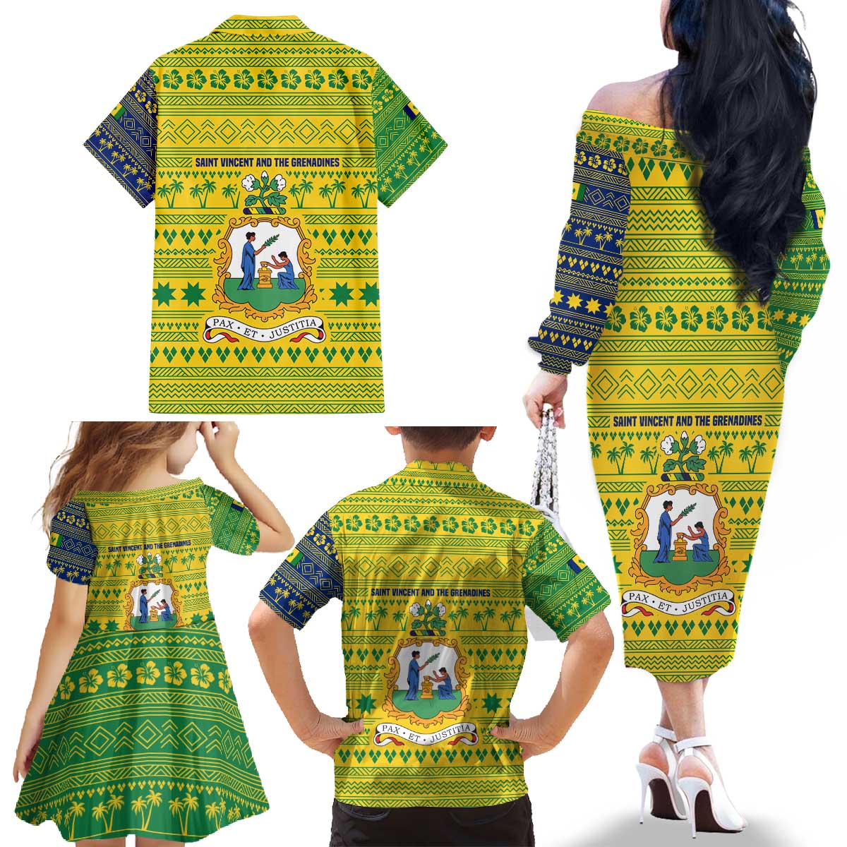 Saint Vincent and the Grenadines Christmas Family Matching Off The Shoulder Long Sleeve Dress and Hawaiian Shirt with Gingerbread Boy Palm Tree and Traditional Pattern - Wonder Print Shop