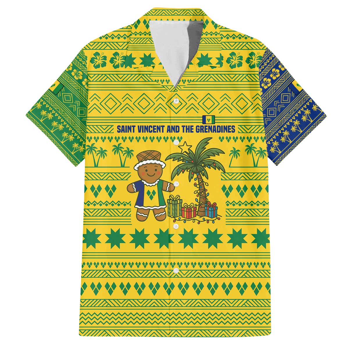 Saint Vincent and the Grenadines Christmas Family Matching Off The Shoulder Long Sleeve Dress and Hawaiian Shirt with Gingerbread Boy Palm Tree and Traditional Pattern - Wonder Print Shop