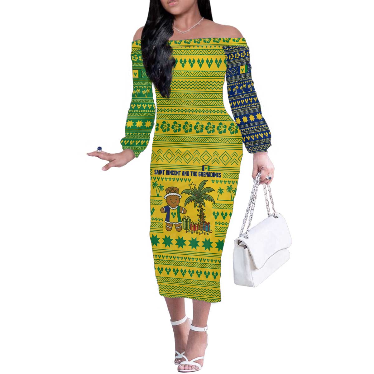 Saint Vincent and the Grenadines Christmas Family Matching Off The Shoulder Long Sleeve Dress and Hawaiian Shirt with Gingerbread Boy Palm Tree and Traditional Pattern - Wonder Print Shop