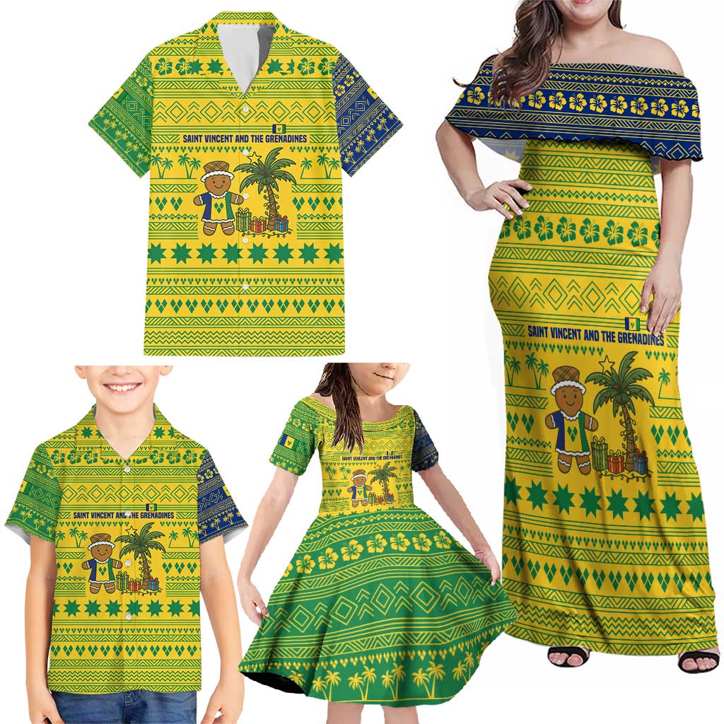 Saint Vincent and the Grenadines Christmas Family Matching Off Shoulder Maxi Dress and Hawaiian Shirt with Gingerbread Boy Palm Tree and Traditional Pattern - Wonder Print Shop