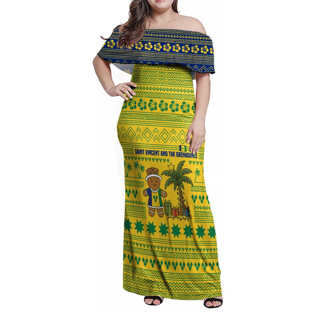 Saint Vincent and the Grenadines Christmas Family Matching Off Shoulder Maxi Dress and Hawaiian Shirt with Gingerbread Boy Palm Tree and Traditional Pattern - Wonder Print Shop