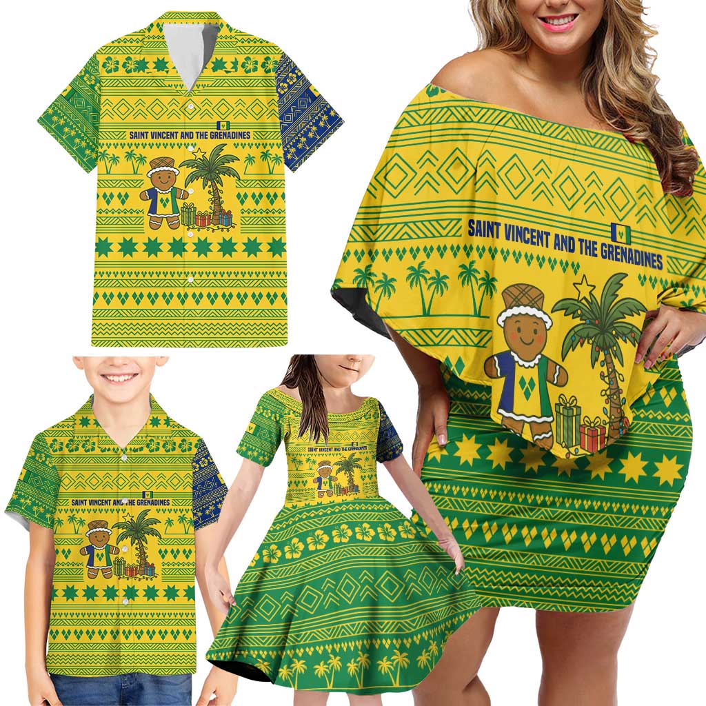 Saint Vincent and the Grenadines Christmas Family Matching Off Shoulder Short Dress and Hawaiian Shirt with Gingerbread Boy Palm Tree and Traditional Pattern - Wonder Print Shop