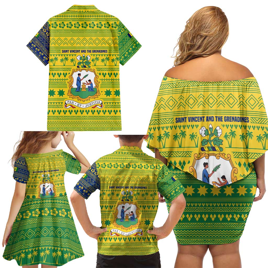 Saint Vincent and the Grenadines Christmas Family Matching Off Shoulder Short Dress and Hawaiian Shirt with Gingerbread Boy Palm Tree and Traditional Pattern - Wonder Print Shop
