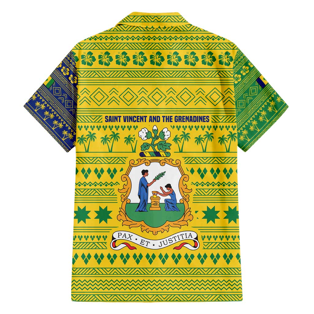 Saint Vincent and the Grenadines Christmas Family Matching Off Shoulder Short Dress and Hawaiian Shirt with Gingerbread Boy Palm Tree and Traditional Pattern - Wonder Print Shop
