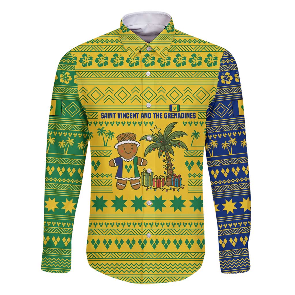 Saint Vincent and the Grenadines Christmas Family Matching Off Shoulder Short Dress and Hawaiian Shirt with Gingerbread Boy Palm Tree and Traditional Pattern - Wonder Print Shop