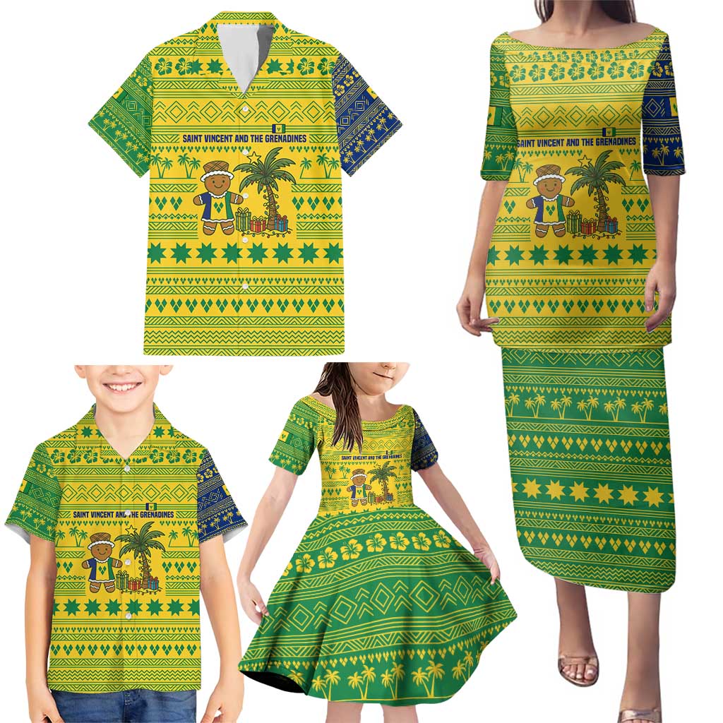 Saint Vincent and the Grenadines Christmas Family Matching Puletasi and Hawaiian Shirt with Gingerbread Boy Palm Tree and Traditional Pattern - Wonder Print Shop