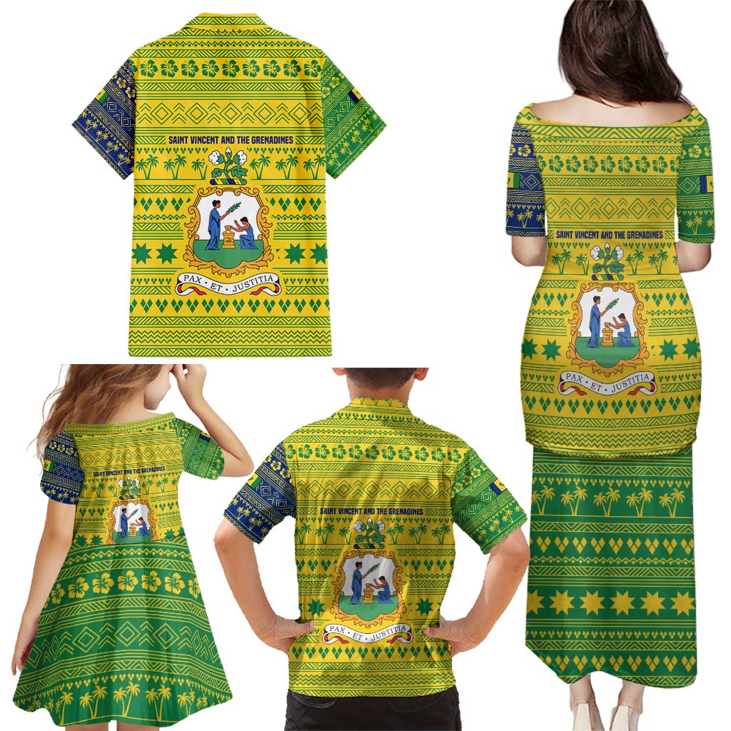 Saint Vincent and the Grenadines Christmas Family Matching Puletasi and Hawaiian Shirt with Gingerbread Boy Palm Tree and Traditional Pattern - Wonder Print Shop