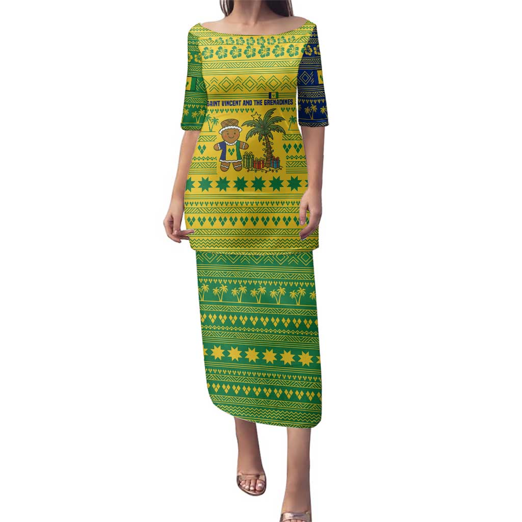 Saint Vincent and the Grenadines Christmas Family Matching Puletasi and Hawaiian Shirt with Gingerbread Boy Palm Tree and Traditional Pattern - Wonder Print Shop