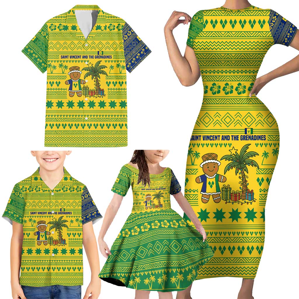 Saint Vincent and the Grenadines Christmas Family Matching Short Sleeve Bodycon Dress and Hawaiian Shirt with Gingerbread Boy Palm Tree and Traditional Pattern - Wonder Print Shop