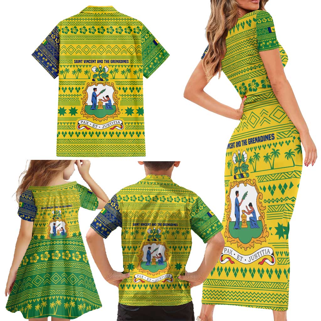 Saint Vincent and the Grenadines Christmas Family Matching Short Sleeve Bodycon Dress and Hawaiian Shirt with Gingerbread Boy Palm Tree and Traditional Pattern - Wonder Print Shop
