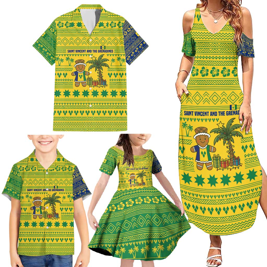 Saint Vincent and the Grenadines Christmas Family Matching Summer Maxi Dress and Hawaiian Shirt with Gingerbread Boy Palm Tree and Traditional Pattern - Wonder Print Shop