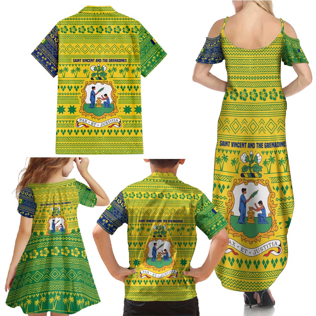 Saint Vincent and the Grenadines Christmas Family Matching Summer Maxi Dress and Hawaiian Shirt with Gingerbread Boy Palm Tree and Traditional Pattern - Wonder Print Shop