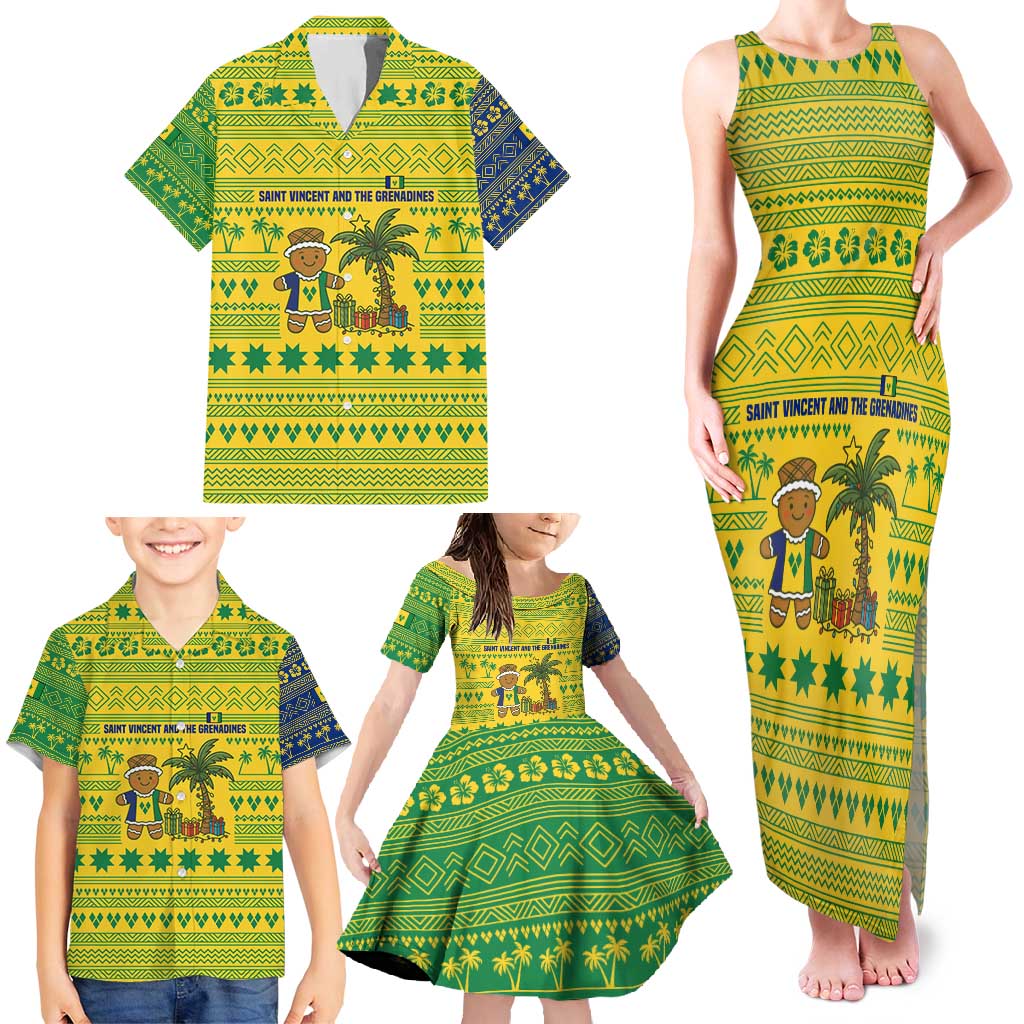 Saint Vincent and the Grenadines Christmas Family Matching Tank Maxi Dress and Hawaiian Shirt with Gingerbread Boy Palm Tree and Traditional Pattern - Wonder Print Shop