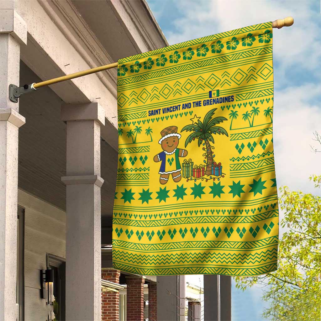 Saint Vincent and the Grenadines Christmas Garden Flag with Gingerbread Boy Palm Tree and Traditional Pattern - Wonder Print Shop