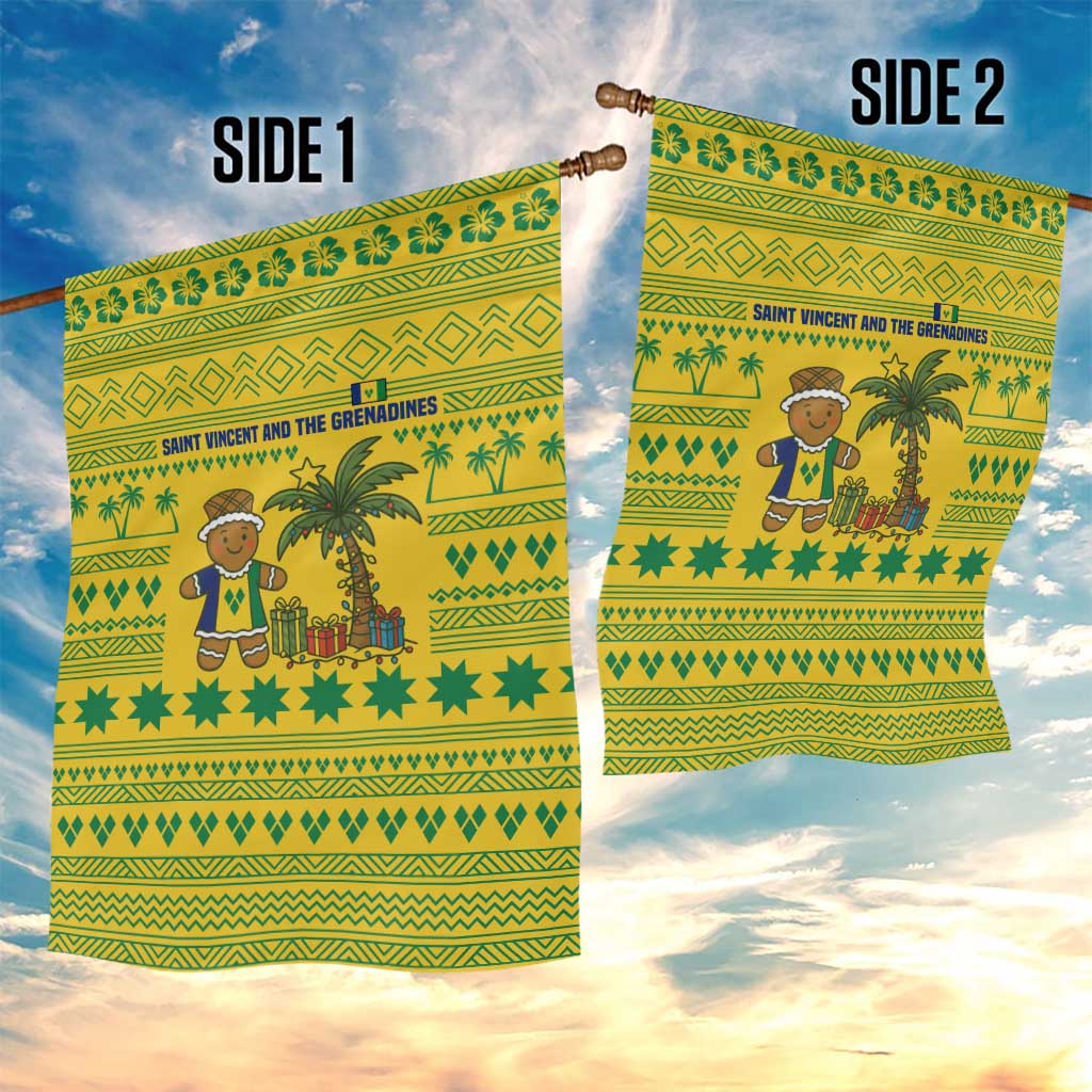 Saint Vincent and the Grenadines Christmas Garden Flag with Gingerbread Boy Palm Tree and Traditional Pattern - Wonder Print Shop