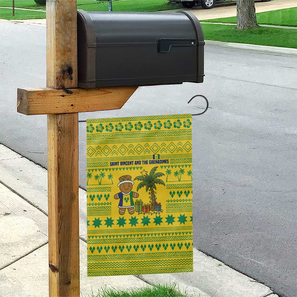 Saint Vincent and the Grenadines Christmas Garden Flag with Gingerbread Boy Palm Tree and Traditional Pattern - Wonder Print Shop