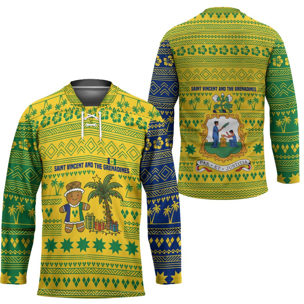Saint Vincent and the Grenadines Christmas Hockey Jersey with Gingerbread Boy Palm Tree and Traditional Pattern - Wonder Print Shop