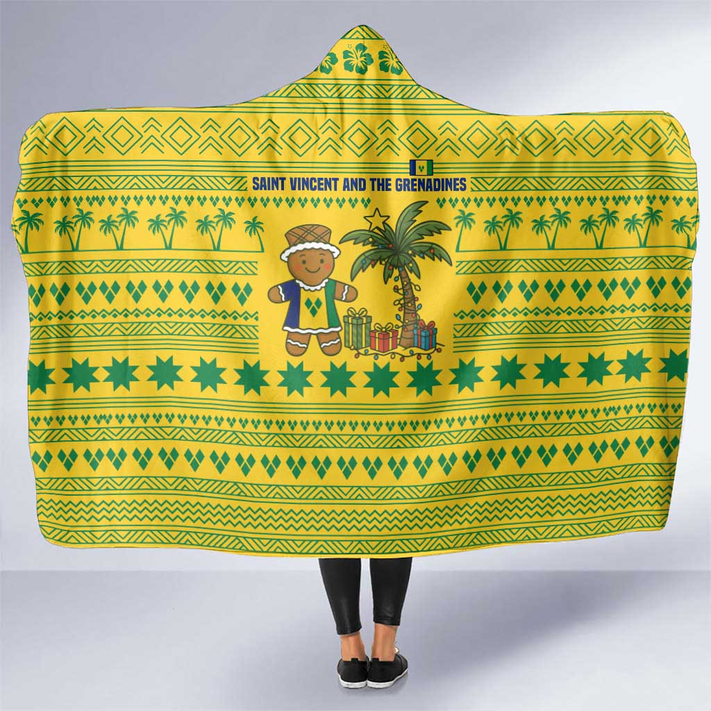 Saint Vincent and the Grenadines Christmas Hooded Blanket with Gingerbread Boy Palm Tree and Traditional Pattern - Wonder Print Shop