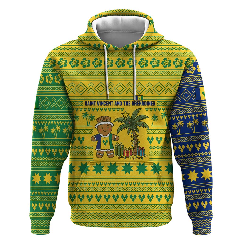 Saint Vincent and the Grenadines Christmas Hoodie with Gingerbread Boy Palm Tree and Traditional Pattern - Wonder Print Shop