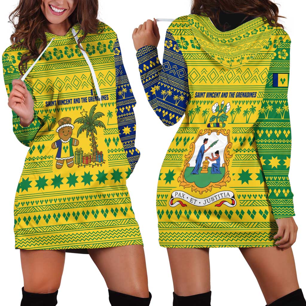 Saint Vincent and the Grenadines Christmas Hoodie Dress with Gingerbread Boy Palm Tree and Traditional Pattern - Wonder Print Shop