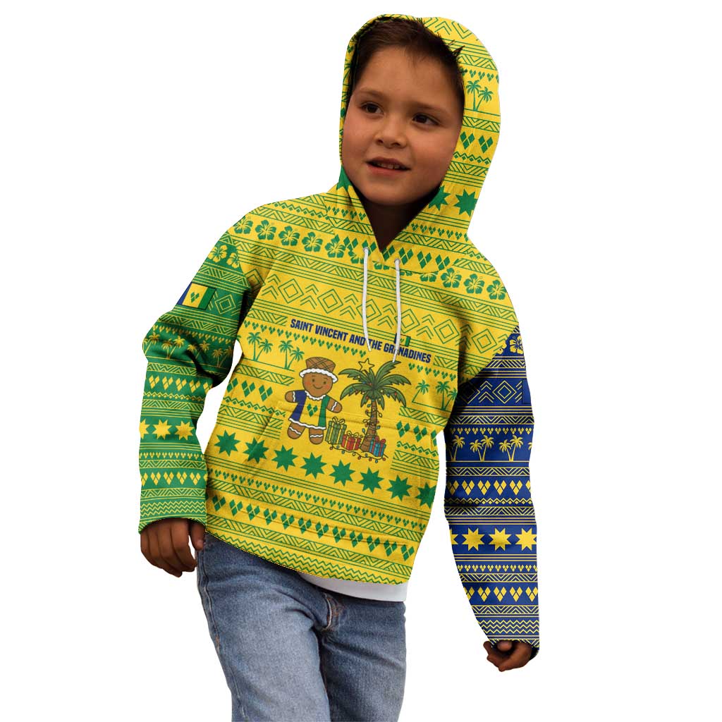 Saint Vincent and the Grenadines Christmas Kid Hoodie with Gingerbread Boy Palm Tree and Traditional Pattern - Wonder Print Shop