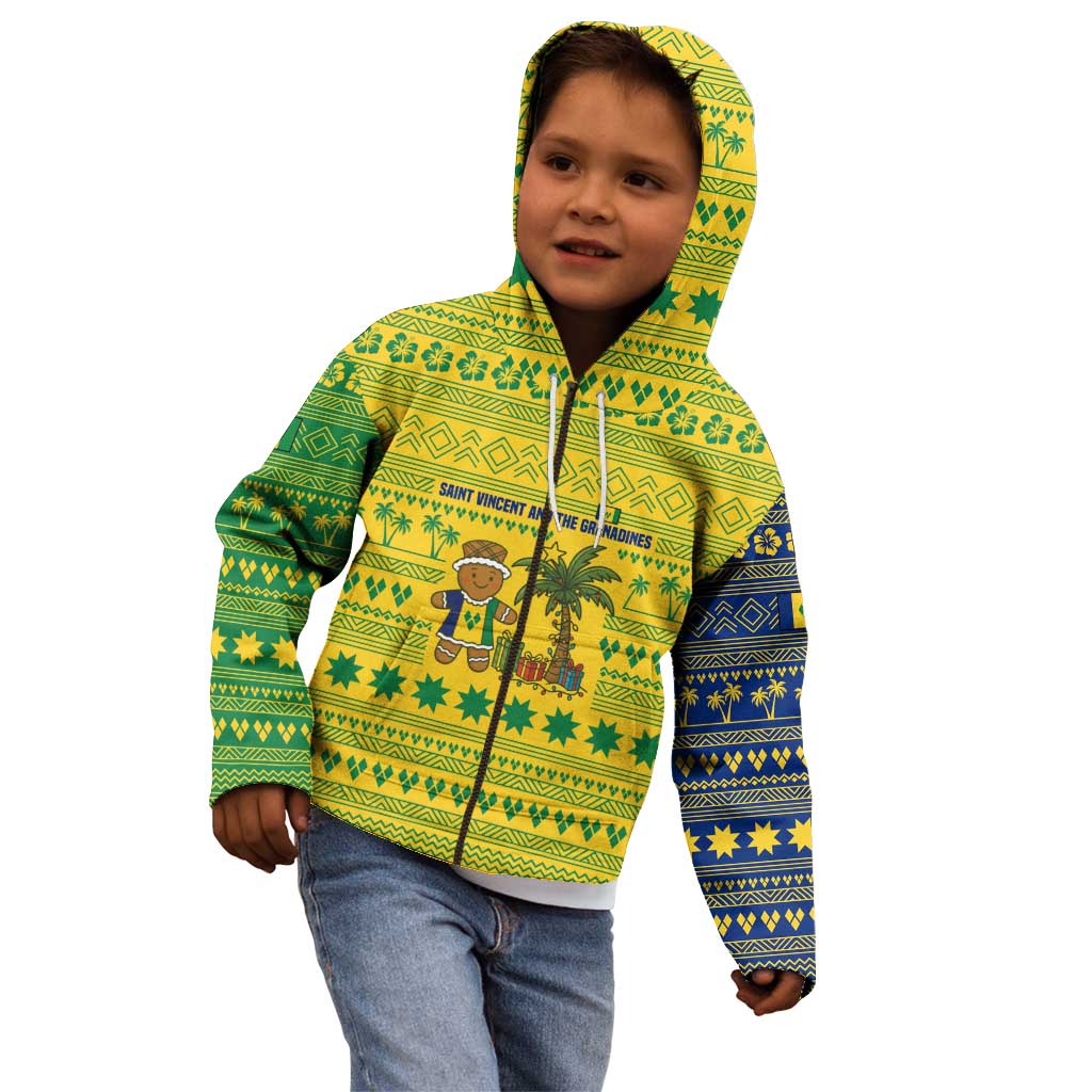 Saint Vincent and the Grenadines Christmas Kid Hoodie with Gingerbread Boy Palm Tree and Traditional Pattern - Wonder Print Shop