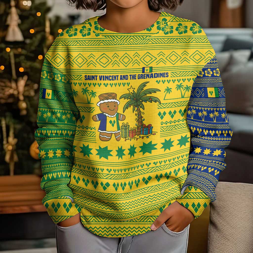 Saint Vincent and the Grenadines Christmas Kid Ugly Christmas Sweater with Gingerbread Boy Palm Tree and Traditional Pattern - Wonder Print Shop