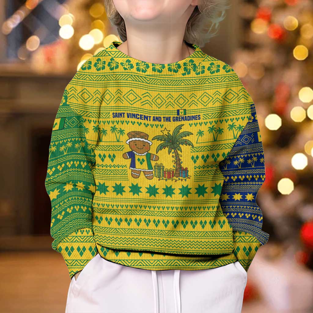 Saint Vincent and the Grenadines Christmas Kid Ugly Christmas Sweater with Gingerbread Boy Palm Tree and Traditional Pattern - Wonder Print Shop