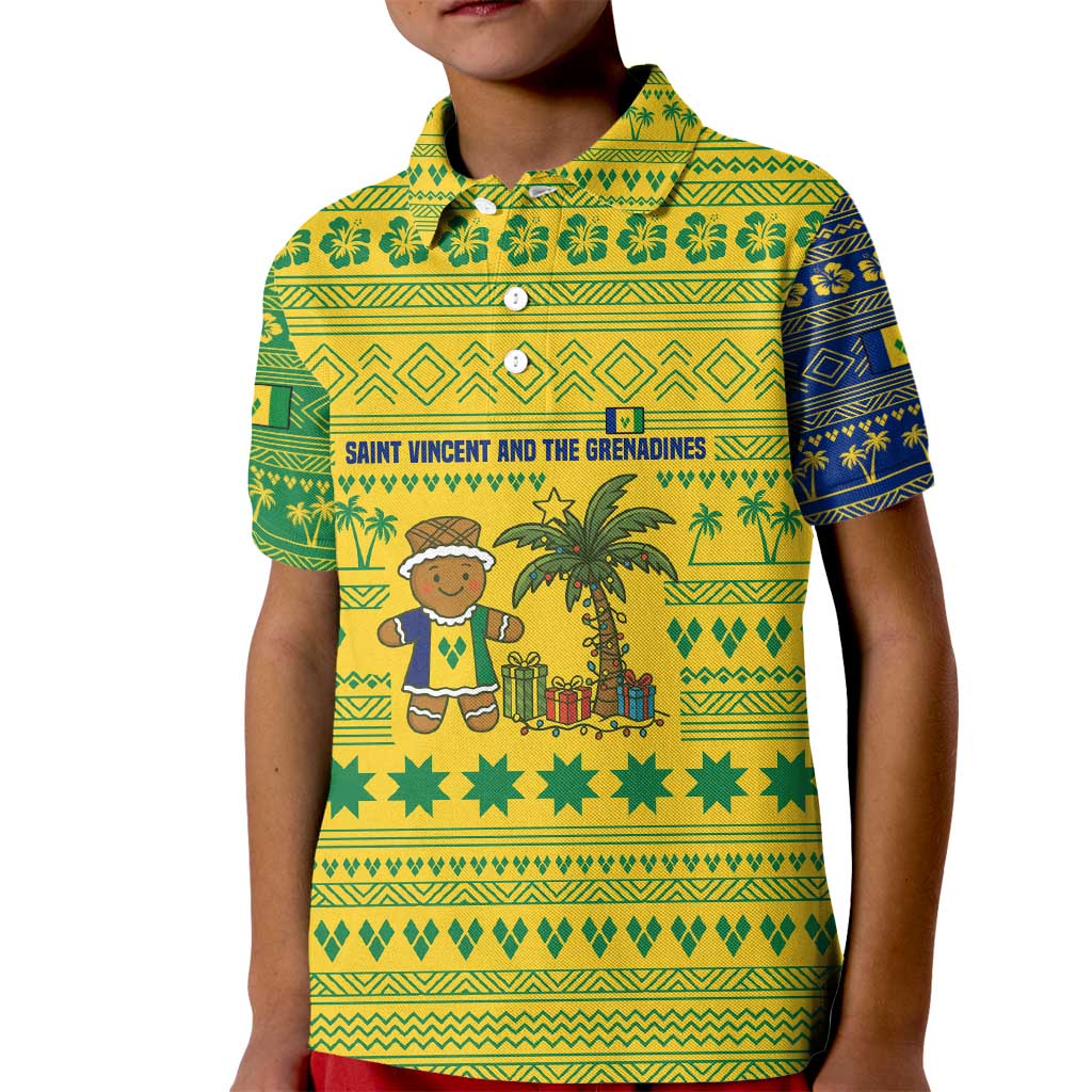 Saint Vincent and the Grenadines Christmas Kid Polo Shirt with Gingerbread Boy Palm Tree and Traditional Pattern - Wonder Print Shop