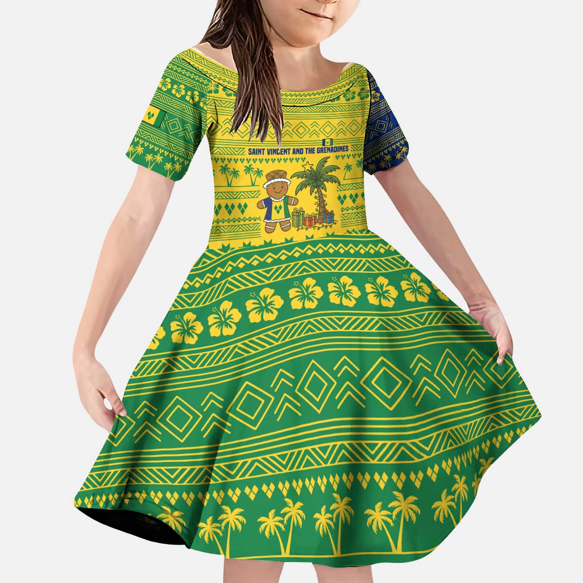 Saint Vincent and the Grenadines Christmas Kid Short Sleeve Dress with Gingerbread Boy Palm Tree and Traditional Pattern - Wonder Print Shop