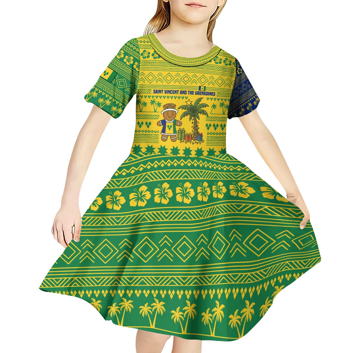 Saint Vincent and the Grenadines Christmas Kid Short Sleeve Dress with Gingerbread Boy Palm Tree and Traditional Pattern - Wonder Print Shop