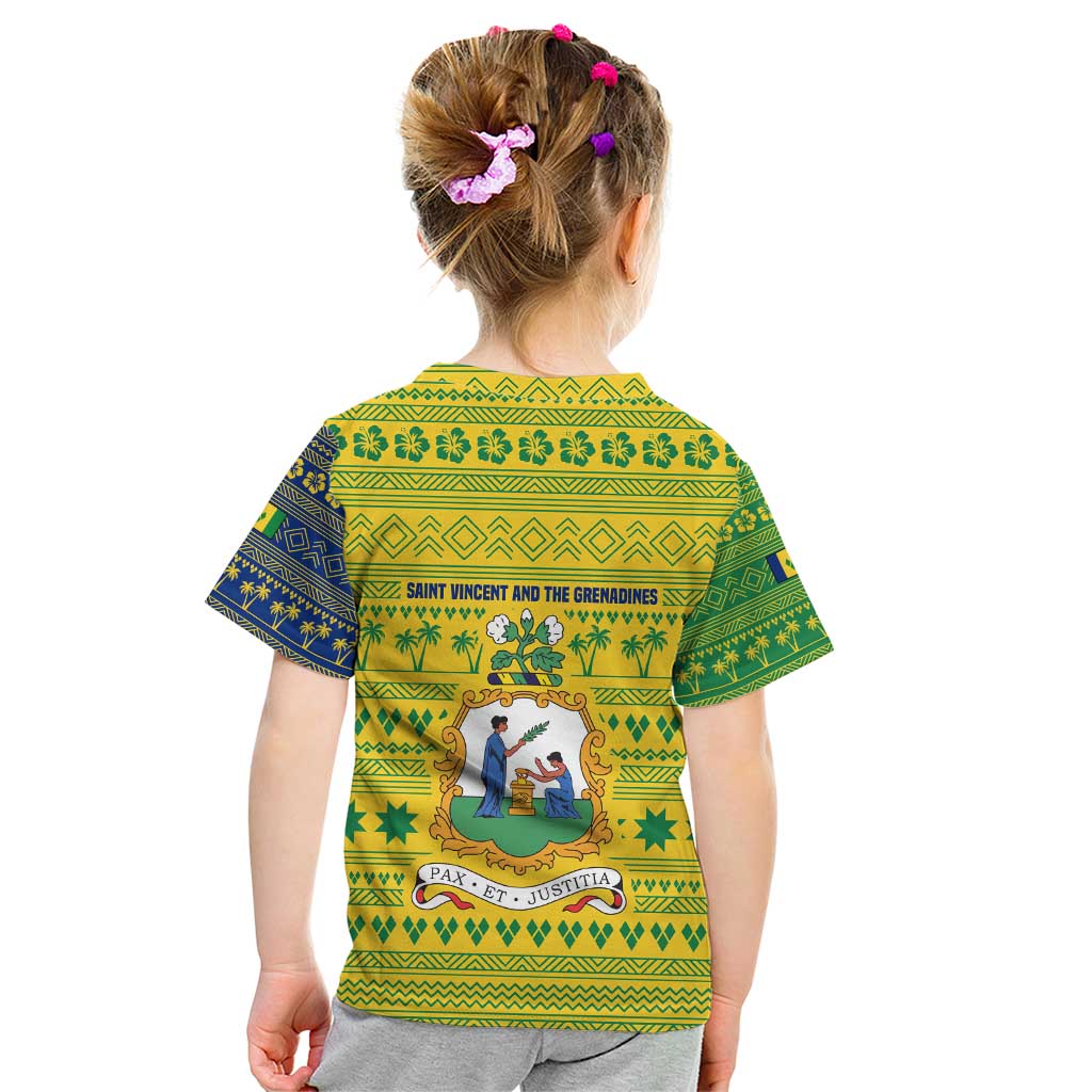 Saint Vincent and the Grenadines Christmas Kid T Shirt with Gingerbread Boy Palm Tree and Traditional Pattern - Wonder Print Shop