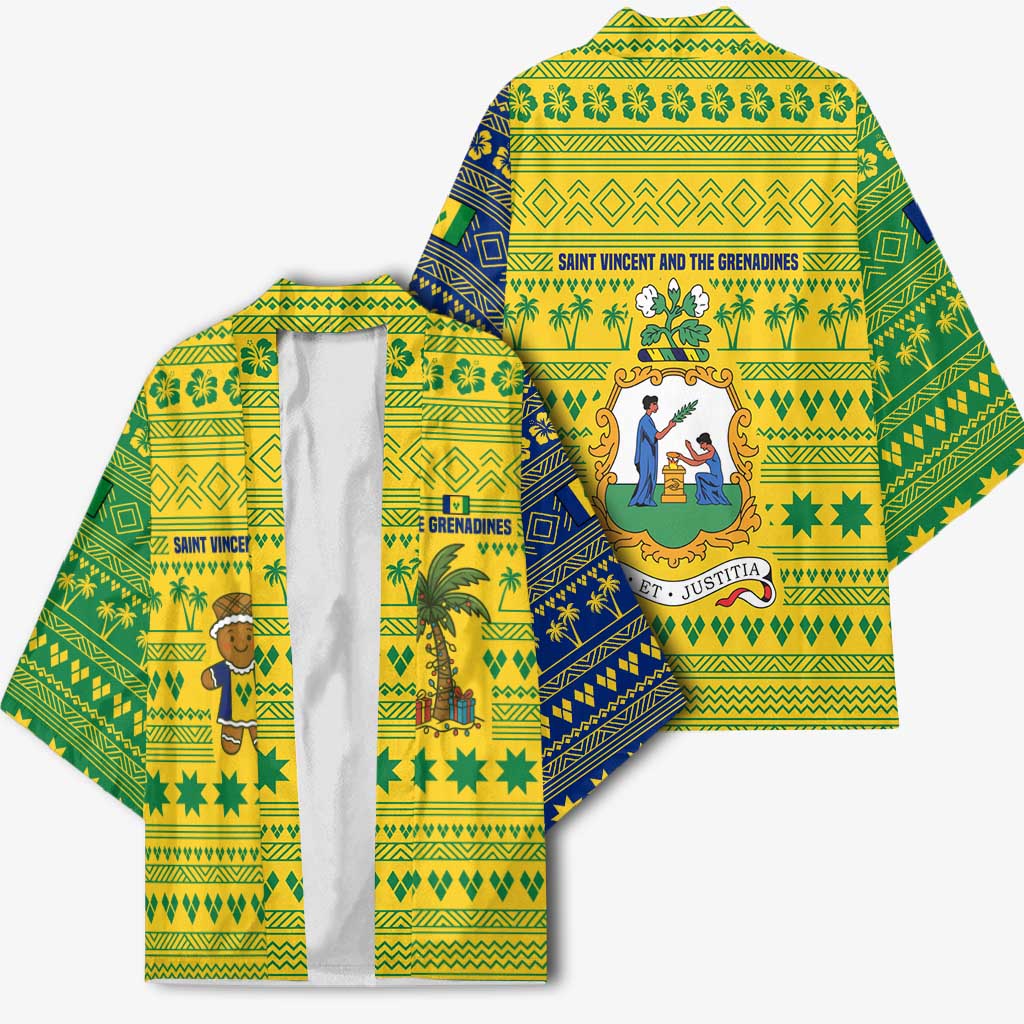 Saint Vincent and the Grenadines Christmas Kimono with Gingerbread Boy Palm Tree and Traditional Pattern - Wonder Print Shop